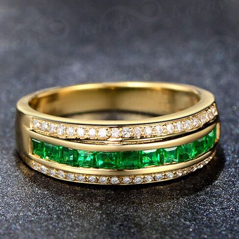 Kardy Natural Emerald Gemstone Princess Cut Solid 14K Yellow Gold Wedding Emerald Diamond Band Ring Set for Women in Saudi Arabia