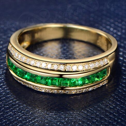 Kardy Natural Emerald Gemstone Princess Cut Solid 14K Yellow Gold Wedding Emerald Diamond Band Ring Set for Women in Saudi Arabia