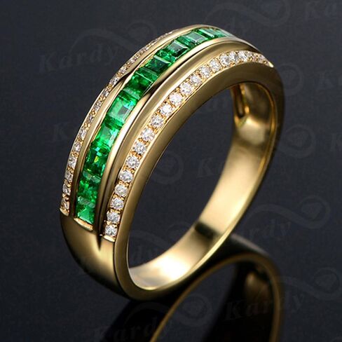 Kardy Natural Emerald Gemstone Princess Cut Solid 14K Yellow Gold Wedding Emerald Diamond Band Ring Set for Women in Saudi Arabia