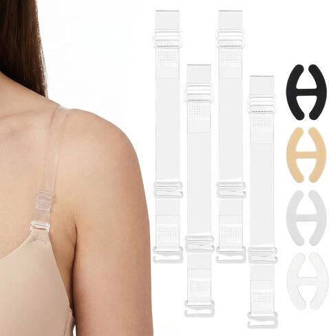 KALIONE Clear Bra Straps 4 Pairs Adjustable Shoulder Straps, 8Pcs H Shape Bra Strap Clips Adjustable Transparent Bras Strap Bras Clips to Make Racerback for Women Girls Strapless Dress in Kuwait