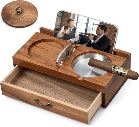 Joyoldelf Cigar Ashtray with Whiskey Glass Holder – Wooden Cigar Ashtray with Phone Tablet Stand, Cigar Cutter and Drawer, Walnut Wood Cigar Accessories Desk Set for Men Home Decor Gift in Saudi Arabia