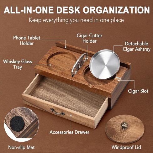 Joyoldelf Cigar Ashtray with Whiskey Glass Holder – Wooden Cigar Ashtray with Phone Tablet Stand, Cigar Cutter and Drawer, Walnut Wood Cigar Accessories Desk Set for Men Home Decor Gift in Saudi Arabia