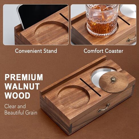 Joyoldelf Cigar Ashtray with Whiskey Glass Holder – Wooden Cigar Ashtray with Phone Tablet Stand, Cigar Cutter and Drawer, Walnut Wood Cigar Accessories Desk Set for Men Home Decor Gift in Saudi Arabia