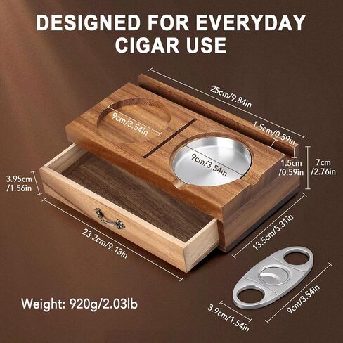 Joyoldelf Cigar Ashtray with Whiskey Glass Holder – Wooden Cigar Ashtray with Phone Tablet Stand, Cigar Cutter and Drawer, Walnut Wood Cigar Accessories Desk Set for Men Home Decor Gift in Saudi Arabia