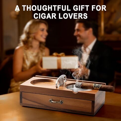 Joyoldelf Cigar Ashtray with Whiskey Glass Holder – Wooden Cigar Ashtray with Phone Tablet Stand, Cigar Cutter and Drawer, Walnut Wood Cigar Accessories Desk Set for Men Home Decor Gift in Saudi Arabia