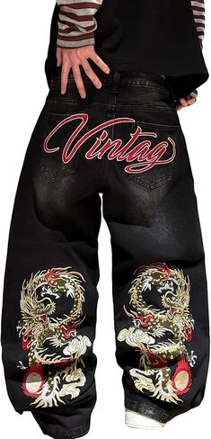 Men's Baggy Jeans Denim Wide Leg Pants with Embroidery Y2K Streetwear Skateboard Jeans for Men in Saudi Arabia