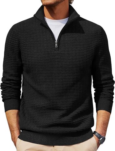 Cotrasen Mens Quarter Zip Pullover 1/4 Zip Mock Neck Knitted Textured Sweater Soft Casual Long Sleeve Winter Sweaters in Kuwait