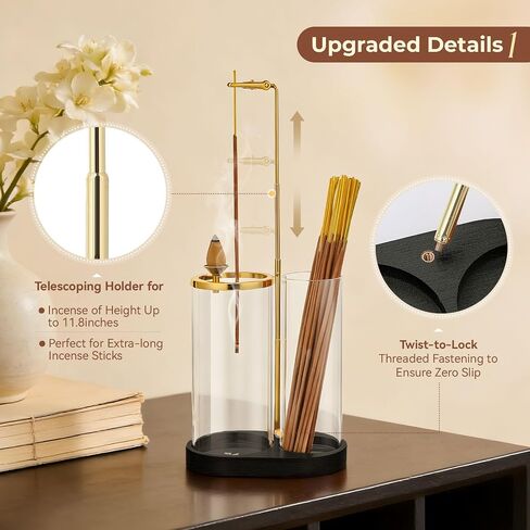 3 in 1 Incense Holder for Sticks Upside Down Anti-Ash Incense Burner with Glass Ash Catcher Backflow Cone Incense Diffuser with Adjustable Threaded Mounting for Mediation Yoga Spa Gifts Home Decor in Kuwait