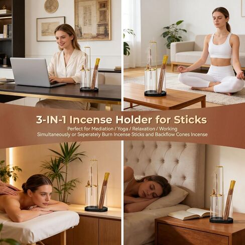 3 in 1 Incense Holder for Sticks Upside Down Anti-Ash Incense Burner with Glass Ash Catcher Backflow Cone Incense Diffuser with Adjustable Threaded Mounting for Mediation Yoga Spa Gifts Home Decor in Kuwait