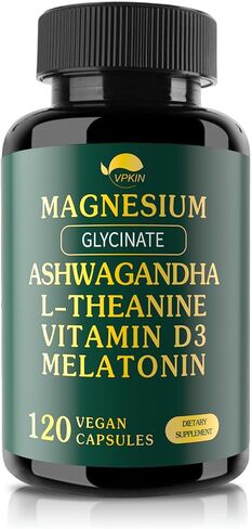 VPKIN Magnesium Ashwagandha Supplement,Magnesium Glycinate,Melatonin,L-Theanine Plus Vitamin D3,Gluten Free,120 Capsules in Saudi Arabia
