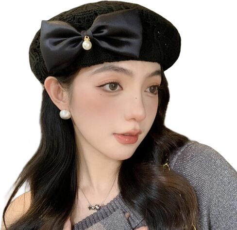 Women's Crochet Lace Beret Hat Vintage Hollow Knit Beanie with Satin Bow & Pearl Breathable French Beret for Spring Summer in Saudi Arabia