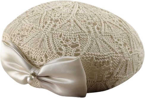 Women's Crochet Lace Beret Hat Vintage Hollow Knit Beanie with Satin Bow & Pearl Breathable French Beret for Spring Summer in Saudi Arabia