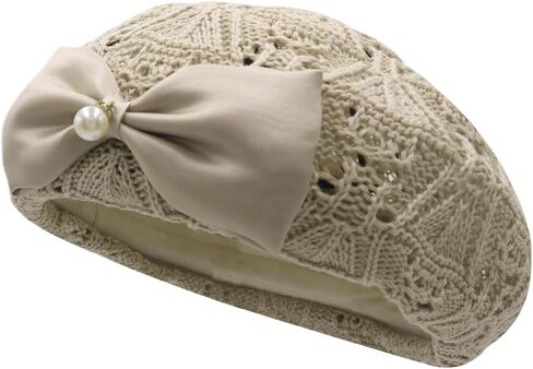 Women's Crochet Lace Beret Hat Vintage Hollow Knit Beanie with Satin Bow & Pearl Breathable French Beret for Spring Summer in Saudi Arabia