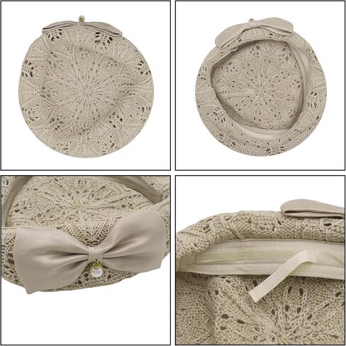 Women's Crochet Lace Beret Hat Vintage Hollow Knit Beanie with Satin Bow & Pearl Breathable French Beret for Spring Summer in Saudi Arabia