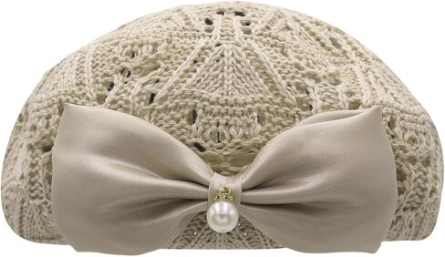 Women's Crochet Lace Beret Hat Vintage Hollow Knit Beanie with Satin Bow & Pearl Breathable French Beret for Spring Summer in Saudi Arabia