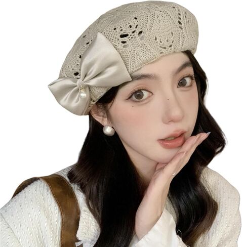 Women's Crochet Lace Beret Hat Vintage Hollow Knit Beanie with Satin Bow & Pearl Breathable French Beret for Spring Summer in Saudi Arabia