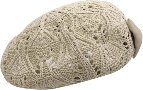 Women's Crochet Lace Beret Hat Vintage Hollow Knit Beanie with Satin Bow & Pearl Breathable French Beret for Spring Summer in Saudi Arabia