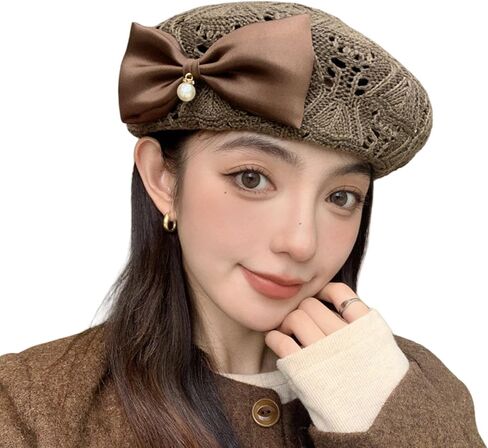 Women's Crochet Lace Beret Hat Vintage Hollow Knit Beanie with Satin Bow & Pearl Breathable French Beret for Spring Summer in Saudi Arabia