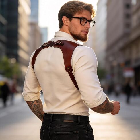 Men's Genuine Leather Harness Suspenders - Adjustable Vintage Braces with Brass Hooks for Pants, Weddings & Formal Wear in Kuwait