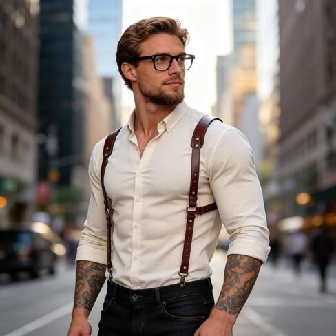 Men's Genuine Leather Harness Suspenders - Adjustable Vintage Braces with Brass Hooks for Pants, Weddings & Formal Wear in Kuwait