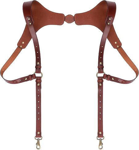 Men's Genuine Leather Harness Suspenders - Adjustable Vintage Braces with Brass Hooks for Pants, Weddings & Formal Wear in Kuwait