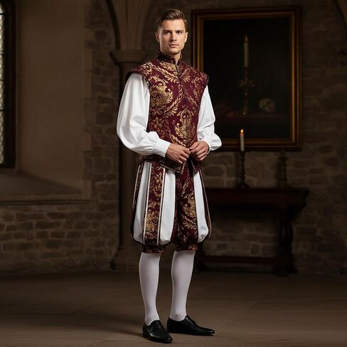 Renaissance Tudor Vest with Sleeve Mens Elizabethan Era Noble Brocade Doublet Jacket Halloween Ren Faire Costume in Kuwait