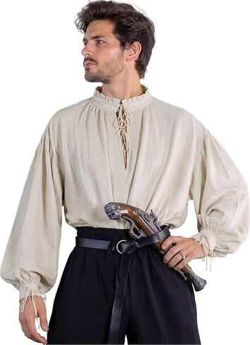 Men's Pirate Shirt — 100% Cotton Medieval Renaissance Poet Blouse with Fixed Tie for Steampunk Cosplay in Kuwait
