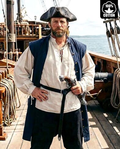 Men's Pirate Shirt — 100% Cotton Medieval Renaissance Poet Blouse with Fixed Tie for Steampunk Cosplay in Kuwait