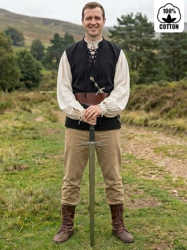 Men's Pirate Shirt — 100% Cotton Medieval Renaissance Poet Blouse with Fixed Tie for Steampunk Cosplay in Kuwait