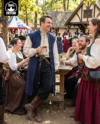 Men's Pirate Shirt — 100% Cotton Medieval Renaissance Poet Blouse with Fixed Tie for Steampunk Cosplay in Kuwait