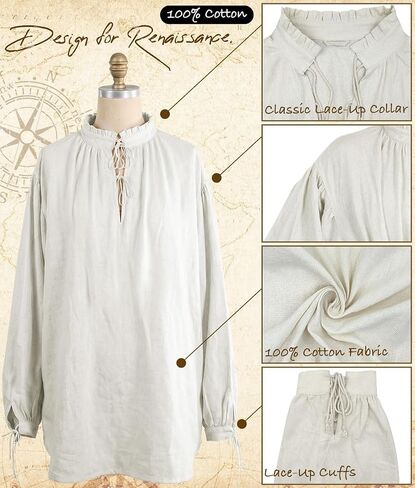 Men's Pirate Shirt — 100% Cotton Medieval Renaissance Poet Blouse with Fixed Tie for Steampunk Cosplay in Kuwait