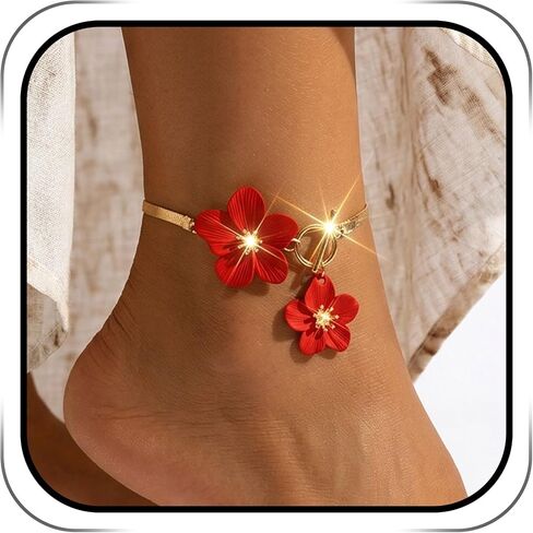 Rose Gold Flower Ankle Bracelet with Toggle Clasp, Floral Charm Anklet, Boho Beach Foot Chain Jewelry in Kuwait