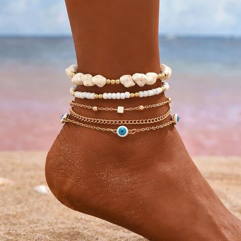 Bohemian 5-Piece Beach Anklet Set – Irregular Eye Bead Charm Ankle Bracelet Set for Women, Adjustable Multi-Chain Layered Foot Jewelry, Summer Beachwear & Vacation Gift in Kuwait