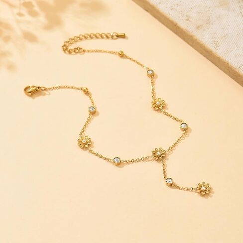 Gold Anklet for Women 18K Gold Plated Daisy Pearl CZ Foot Chain Star Flower Cross Ankle Bracelet Dainty Waterproof Beach foot jewelry for women sexy in Saudi Arabia