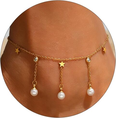 Gold Anklet for Women 18K Gold Plated Daisy Pearl CZ Foot Chain Star Flower Cross Ankle Bracelet Dainty Waterproof Beach foot jewelry for women sexy in Saudi Arabia