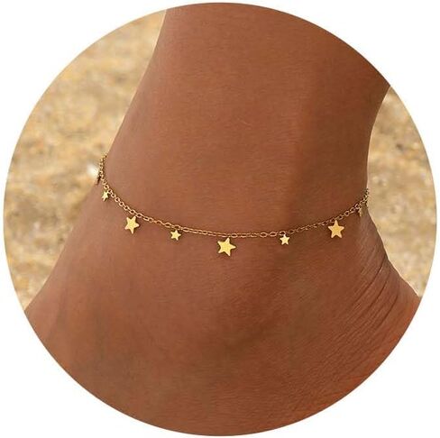 18K Gold Plated Ankle Bracelets for Women Stainless Steel Anklet with Star Cross Disc Coin Teardrop Charms Waterproof Thin Chain Ankle Jewelry Gift for Her in Saudi Arabia