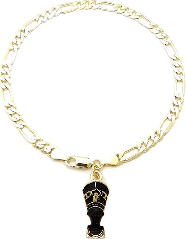 CBC Crown Gold Tone Egyptian Ankh, Gye Nyame, Queen Nefertiti, Maat, Pan Africa Map Continent Charm Anklet 10" Cuban Figaro Chain Ankle Bracelet in Saudi Arabia