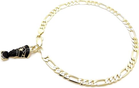 CBC Crown Gold Tone Egyptian Ankh, Gye Nyame, Queen Nefertiti, Maat, Pan Africa Map Continent Charm Anklet 10" Cuban Figaro Chain Ankle Bracelet in Saudi Arabia