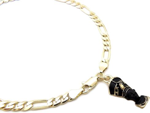 CBC Crown Gold Tone Egyptian Ankh, Gye Nyame, Queen Nefertiti, Maat, Pan Africa Map Continent Charm Anklet 10" Cuban Figaro Chain Ankle Bracelet in Saudi Arabia