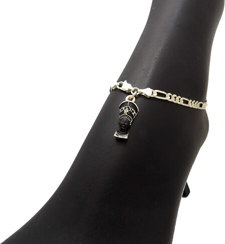 CBC Crown Gold Tone Egyptian Ankh, Gye Nyame, Queen Nefertiti, Maat, Pan Africa Map Continent Charm Anklet 10" Cuban Figaro Chain Ankle Bracelet in Saudi Arabia