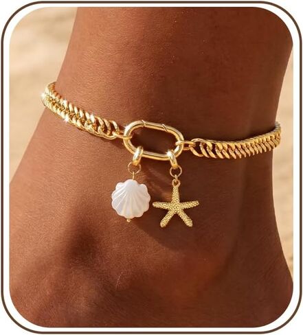 Anklets for Women Waterproof, 14K Gold Plated Anklet, Gold Ankle Bracelet for Women with Removable Starfish Shell Charms, Cuban Link Anklet for Big Ankles, Non Tarnish Summer Beach Jewelry in Saudi Arabia