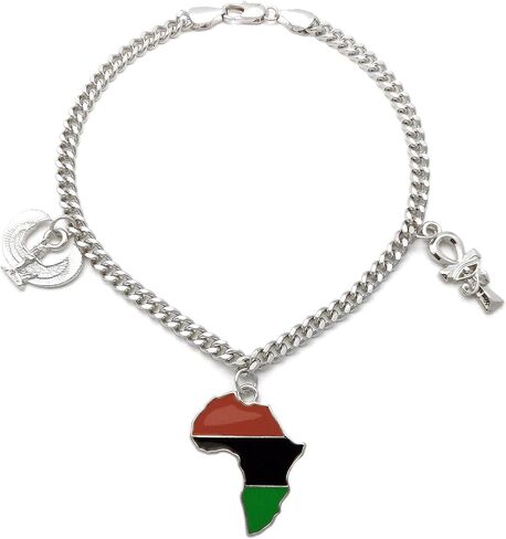 CBC Crown Gold Tone Egyptian Ankh, Gye Nyame, Queen Nefertiti, Maat, Pan Africa Map Continent Charm Anklet 10" Cuban Figaro Chain Ankle Bracelet in Saudi Arabia
