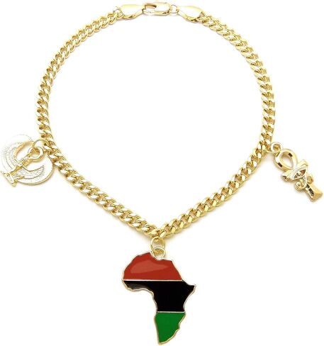 CBC Crown Gold Tone Egyptian Ankh, Gye Nyame, Queen Nefertiti, Maat, Pan Africa Map Continent Charm Anklet 10" Cuban Figaro Chain Ankle Bracelet in Saudi Arabia