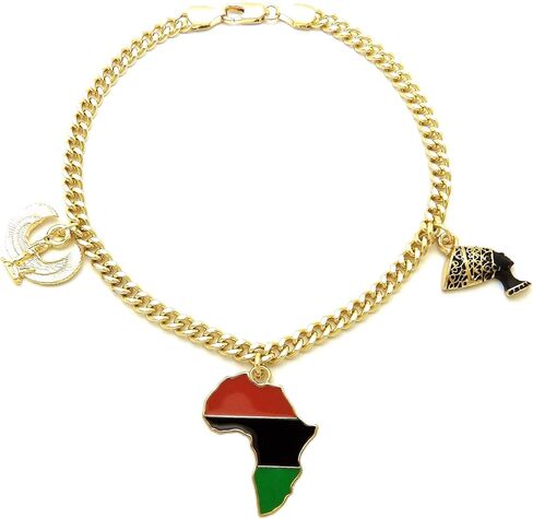 CBC Crown Gold Tone Egyptian Ankh, Gye Nyame, Queen Nefertiti, Maat, Pan Africa Map Continent Charm Anklet 10" Cuban Figaro Chain Ankle Bracelet in Saudi Arabia