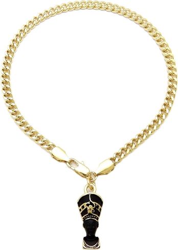 CBC Crown Gold Tone Egyptian Ankh, Gye Nyame, Queen Nefertiti, Maat, Pan Africa Map Continent Charm Anklet 10" Cuban Figaro Chain Ankle Bracelet in Saudi Arabia