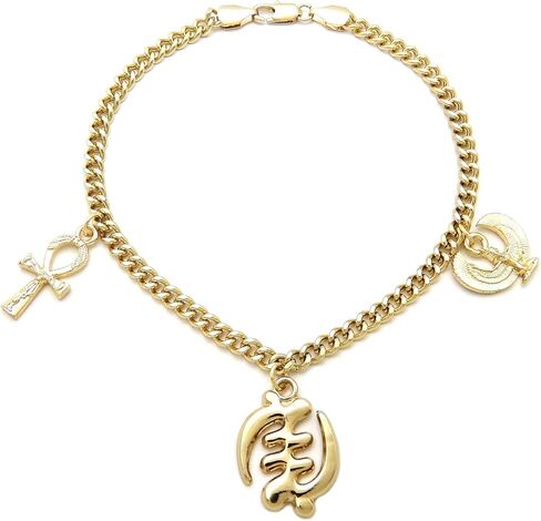 CBC Crown Gold Tone Egyptian Ankh, Gye Nyame, Queen Nefertiti, Maat, Pan Africa Map Continent Charm Anklet 10" Cuban Figaro Chain Ankle Bracelet in Saudi Arabia