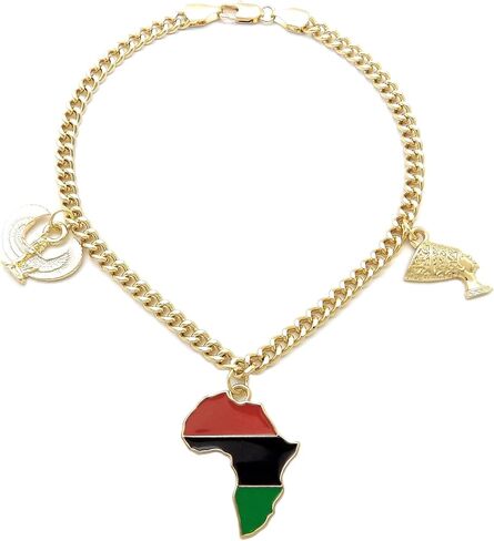 CBC Crown Gold Tone Egyptian Ankh, Gye Nyame, Queen Nefertiti, Maat, Pan Africa Map Continent Charm Anklet 10" Cuban Figaro Chain Ankle Bracelet in Saudi Arabia