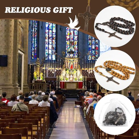 Wooden Catholic Rosary Beads Bulk 48 Pack Rosarios Catolicos with Holy Jesus Crucifix and Organza Bags for Baptism First Communion Christians Religious Gifts in Saudi Arabia