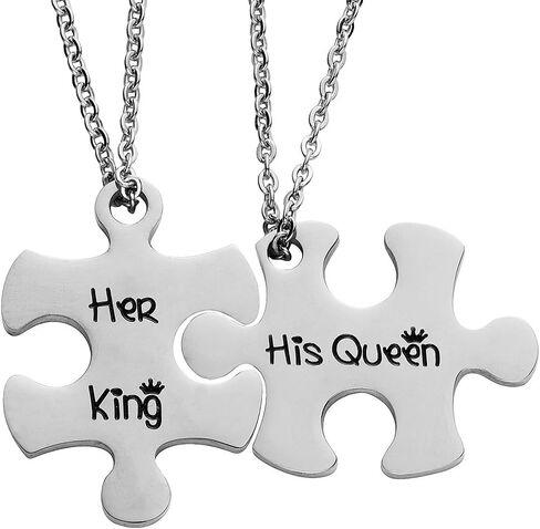 Valentine's Day His and Hers Puzzle Piece Pendant Necklace Set 2 Personalized Couples Stamped Chains for Couples Lover Bestfriends. in Saudi Arabia