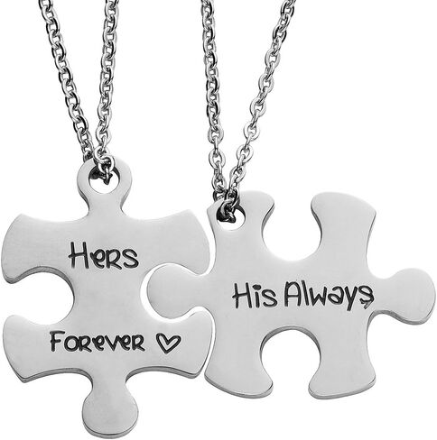 Valentine's Day His and Hers Puzzle Piece Pendant Necklace Set 2 Personalized Couples Stamped Chains for Couples Lover Bestfriends. in Saudi Arabia